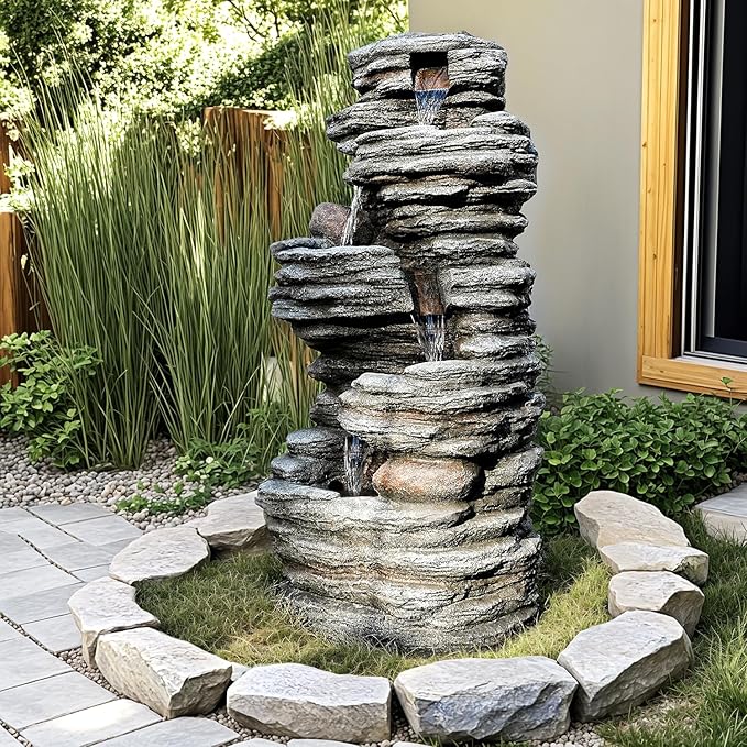 40" Outdoor Water Fountain with LED Lights - 5-Tier Cascading Rock Waterfall Fountain, Natural Rock Look, Ideal for Garden, Landscaping, Patio, Balconies and Yard Decor - Bloomnest