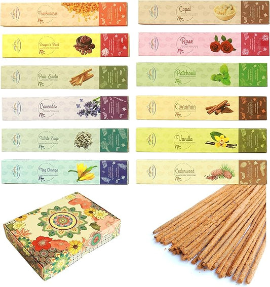 Hand-Rolled Incense Sticks - Premium 100-sticks Variety Set, 12 Different Scents - Traditional Masala Incense