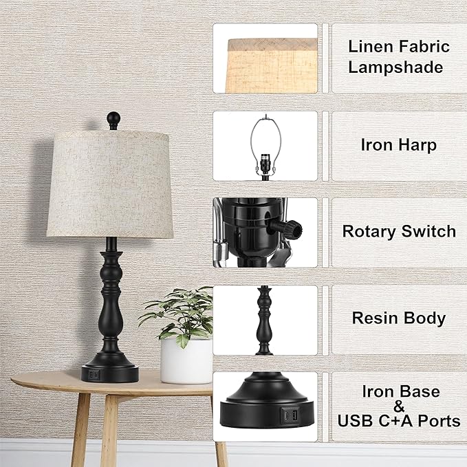 23'' Farmhouse Table Lamps for Living Room Set of 2 with USB C+A Ports, Retro Bedside Lamp for Bedroom, Office, Dining Room, Knob Switch, 3 Color Temperatures, Bulb Included, Black - Bloomnest