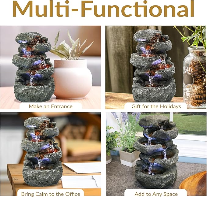 Sunnydaze Tabletop Water Fountain - Stacked Rocks 10.5 Inch Relaxing Desktop Water Fountain with LED Lights - Office, Bedroom, Living Room - Bloomnest