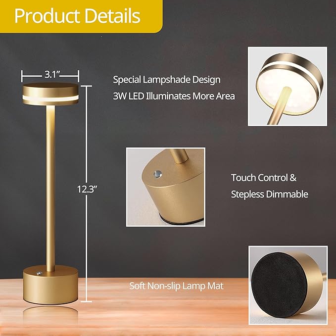 Cordless Table Lamp, Portable Rechargeable Bedside Lamp, Touch Stepless Dimmable Desk Lamp, for Home Bedroom Hotel Restaurant Bar Outdoor, 2 Pack, Gold - Bloomnest