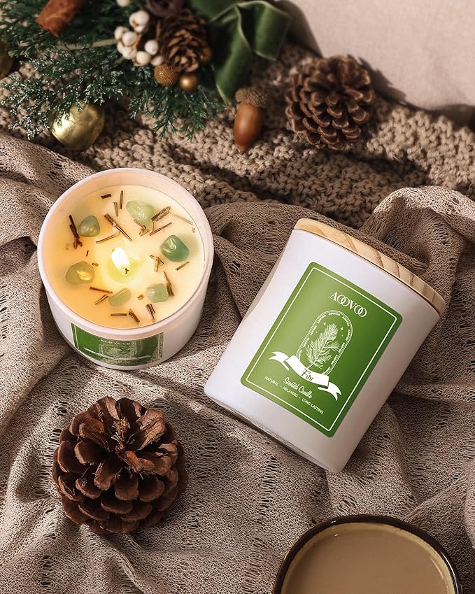 AOOVOO Fir Scented Candles for Women - Aromatherapy Candle with Crystals Inside, 10oz Soy Candles for Home Scented, Birthday Gifts Christmas Candle for Women Mom - Bloomnest