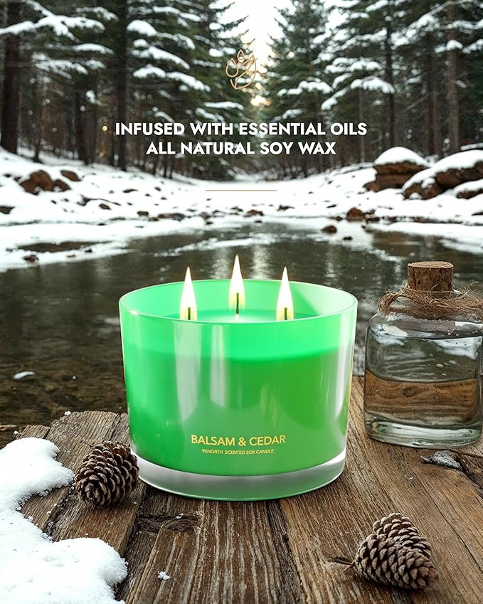 96NORTH Luxury Candle Balsam & Cedar Scented | Large 3-Wick Jar Candle | Up to 40 Hours Burning Time | 100% Natural Soy Wax | Ideal Christmas Candles Gift - Bloomnest