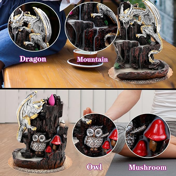 Dragon Backflow 2 Sided Mountain Waterfall Incense Burner,Fountain Smoke Incense Holder with Backflow Incense Cones, Tweezers, Mat，Resin Aromatherapy Meditationvaiuk (Silver) - Bloomnest