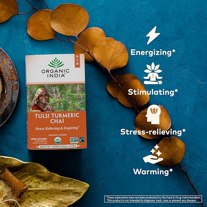 Organic India Tulsi Turmeric Chai Tea - Herbal Tea Bags with Caffeine, Ginger Root, Cinnamon, Holy Basil, Stress Relieving and Energizing, Immune Support, Helps Digestion - 18 Count, Pack of 6 - Bloomnest