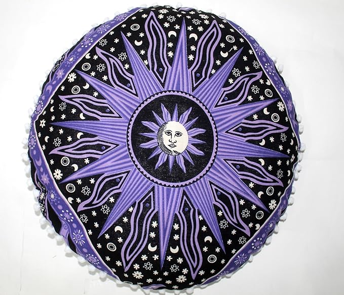 CRAFT KALA Large Round Bohemian Floor Pillow Pouf Cover Mandala Meditation Room Pillow Cover for Adults Boho Seating Poufs Cushion Cover for Kids Playroom 32" Round Purple Burning Sun - Bloomnest