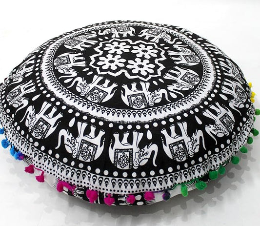 CRAFT KALA Large Round Bohemian Floor Pillow Pouf Cover Mandala Meditation Room Pillow Cover for Adults Boho Seating Poufs Cushion Cover for Kids Playroom 32" Round Black Elephant - Bloomnest