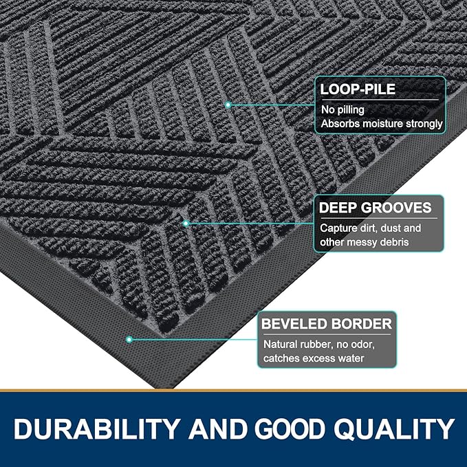 Smiry Front Door Mat Outside Entrance, Heavy Duty Sturdy Natural Rubber Doormat, Trap Dirt and Moisture, Easy Clean Low Profile Mats for Indoor Outdoor Entry, Irregular Triangle (47x32, Silver Grey) - Bloomnest