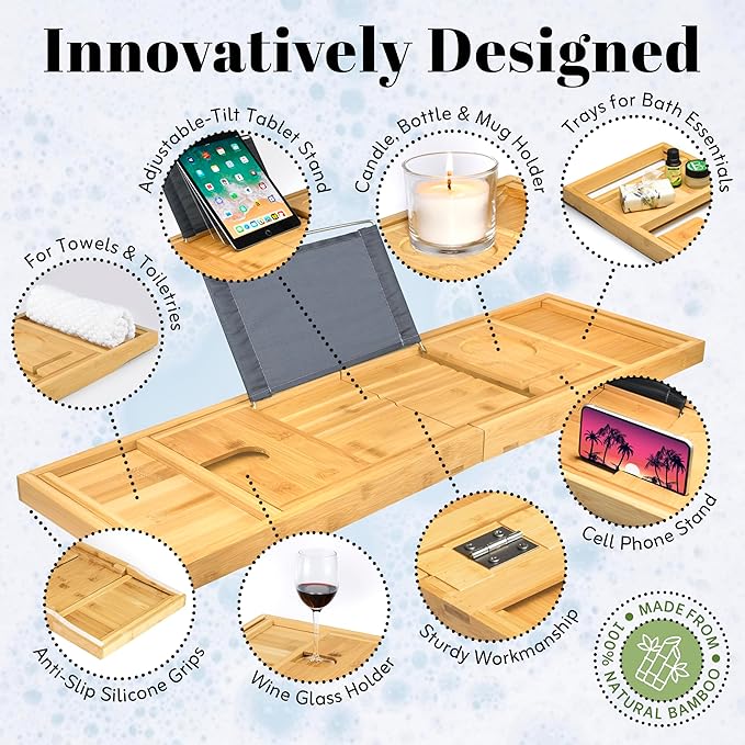 Home It Premium Foldable Bathtub Tray - Bamboo Waterproof Bath Tray for tub Caddy - Wooden Holder for Wine, Book, Soap, Phone, Luxury Gift for Men & Women - Expandable, Fits Most Tubs in Bathroom - Bloomnest