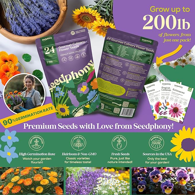 24 Gourmet Culinary Flower Seeds Variety Pack - 7,790+ Non-GMO Heirloom Flower Seeds for Planting Indoor & Outdoor Home Garden - Culinary Flowers Seed Packets for Planting Edible Flowers - Bloomnest