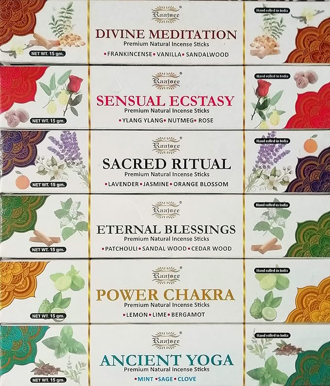 Raajsee Natural Incense Sticks,6 Pack Mixed Scents Gift Pack 15 gm Each (90 gm Total), Insense Sticks Variety Pack, 100% Organic Non Toxic Natural - Hand Rolled Free from Chemicals RAAJSEE