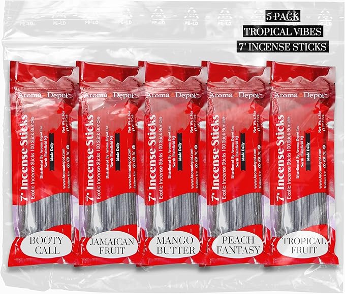 Aroma Depot Tropical Vibes 7'' Incense Sticks - Variety Set 500 Pack - 7 inch - 5 Bundles 100 Sticks Per Scent. Set Features Booty Call, Jamaican Fruit, Mango Butter, Peach Fantasy, Tropical Fruit AromaDepotInc