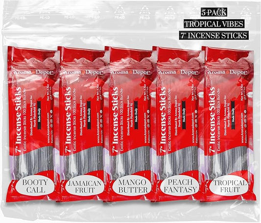 Aroma Depot Tropical Vibes 7'' Incense Sticks - Variety Set 500 Pack - 7 inch - 5 Bundles 100 Sticks Per Scent. Set Features Booty Call, Jamaican Fruit, Mango Butter, Peach Fantasy, Tropical Fruit AromaDepotInc
