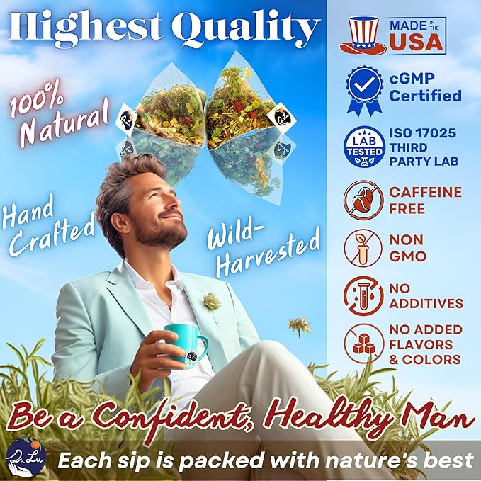 2 Pack of Dr. Lu’s Meridian Tea – Happy Guy | 100% Natural Energy Tea for Men | 11-Herb Blend with Maca, Corn Silk & Hibiscus in Corn Fiber Tea Bags Made in USA - Bloomnest