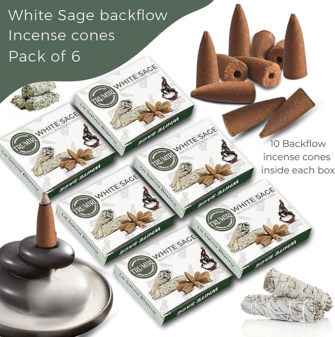 White Sage Backflow Incense Cones - Total 60 Incense Cones Waterfall - Six Packs of 10 Incense Backflow Cones - Waterfall Inscent Cones - Incense Waterfall Cones