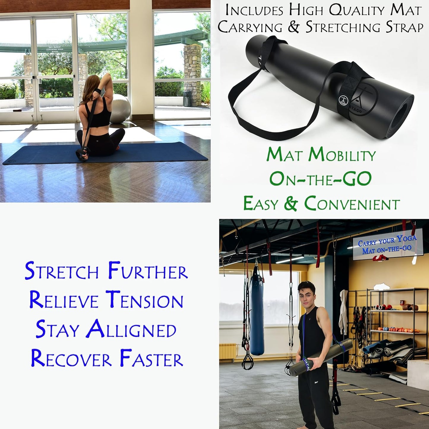 Tatago Hot Yoga Mat Non Slip-Professional Grade Natural Rubber Yoga Mat, Pliates Mat, Stretching Mat or exercise mats for home workout. Nonslip for Hot and Sweaty Classes. Includes Yoga Strap for Carrying and Stretching too.