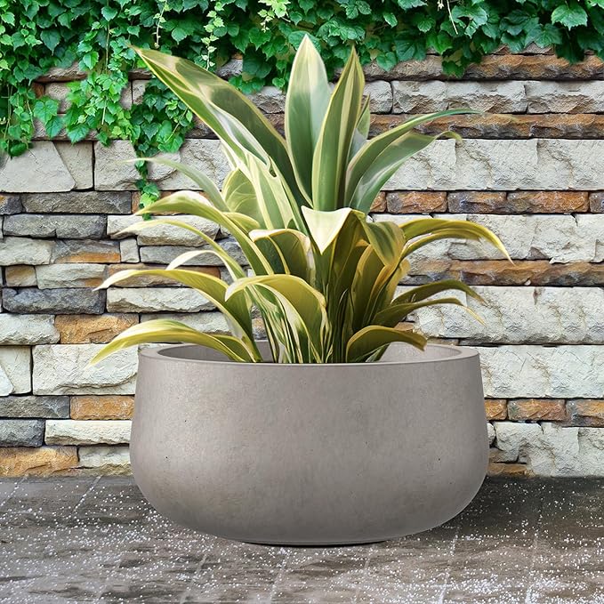 Kante 19.6" Dia Round Concrete Planter, Cement Plant Pots with Drainage Hole and Rubber Plug for Outdoor Indoor Garden Home, Modern Curvaceous Design, Weathered Concrete - Bloomnest