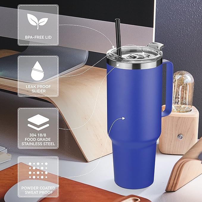 HASLE OUTFITTERS 40 oz Stainless Steel Tumbler with Handle, Vacuum Insulated Tumblers Bulk, Reusable Double Wall Travel Coffee Mug, Durable Powder Coated Water Bottles(Dark Blue, 4) - Bloomnest