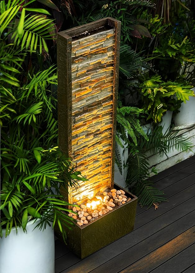 Cheng Pin Indoor Water Fountain -Staggered Stone Wall Design,Create Relaxing Ambiance to Decor Your Living Room,Office,Bedroom Or Outdoor Garden with Waterfall Water Feature and LED Lights,38in. Tall - Bloomnest