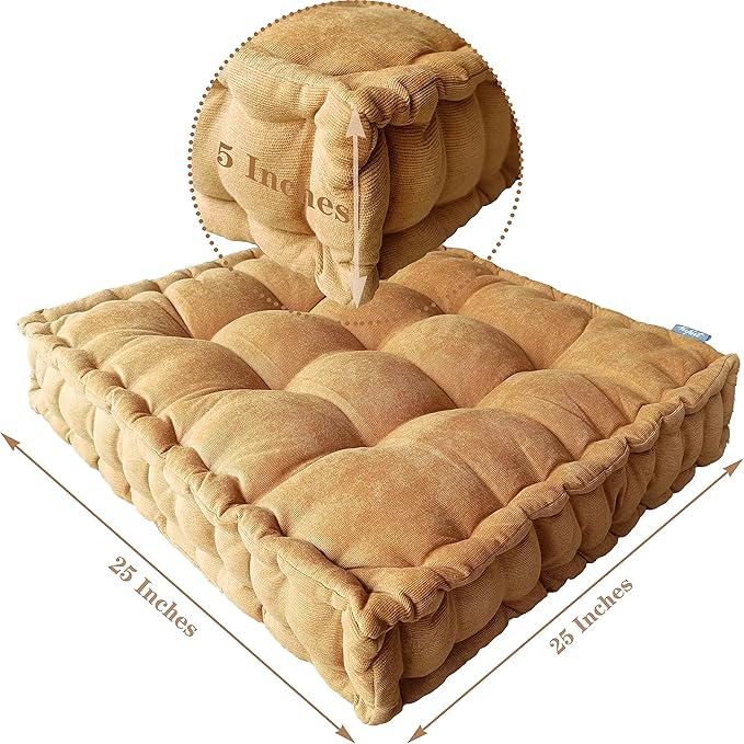 Verpert Floor Pillow 25x25 Inch, Square Meditation Cushion Floor Seating for Adults, Oversized Tufted seat Cushion Reading Nook for Kids, Yoga Meditation Pillow for Sitting on Floor (Yellow)