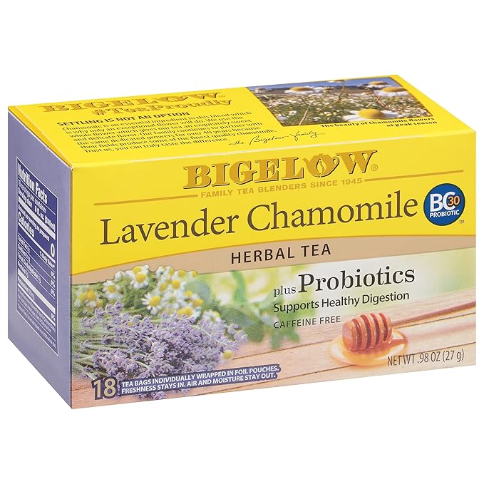 Bigelow Tea Lavender Chamomile Plus Probiotics Herbal Tea, Caffeine Free with Lavender Chamomile, 18 Count Box (Pack of 6), 108 Total Tea Bags - Bloomnest