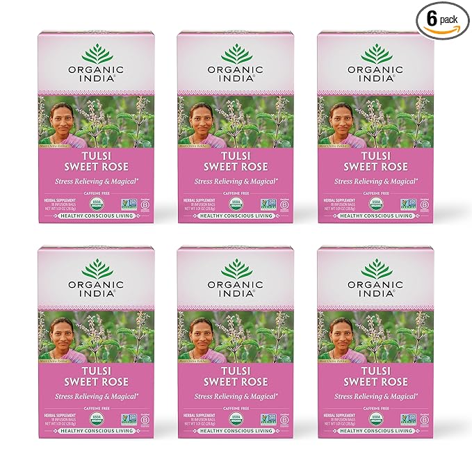 Organic India Tulsi Sweet Rose Herbal Tea - Holy Basil Leaf, African Basil, Chamomilie, Lemon Myrtle, Stress Relieving, Immune Support, USDA Certified Organic, Caffeine-Free - 18 Infusion Bags, 6 Pack - Bloomnest