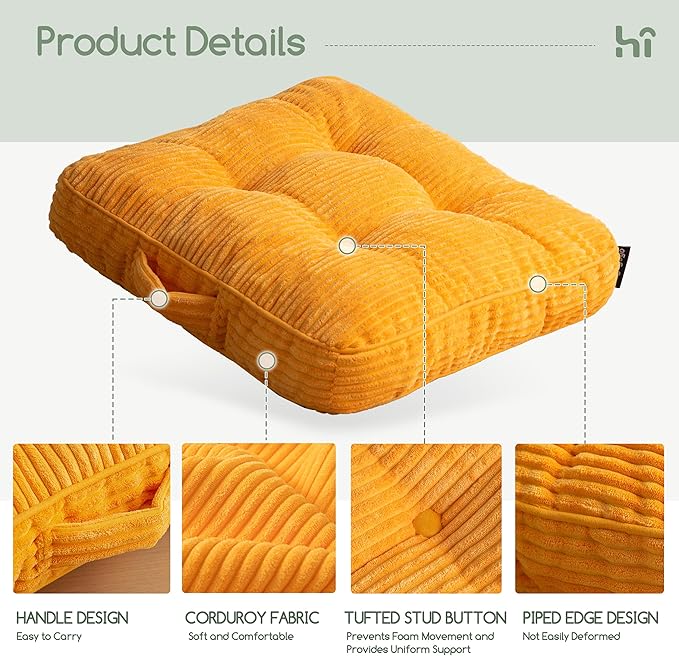 Washable Floor Pillow Cushion for Adults, Meditation Cushion Pillow, Large Square Floor Sitting, Removable Tufted Corduroy Cover, for Tatami Living Room or Yoga, 22x22 Inch, 2Pack, Machine Washable - Bloomnest