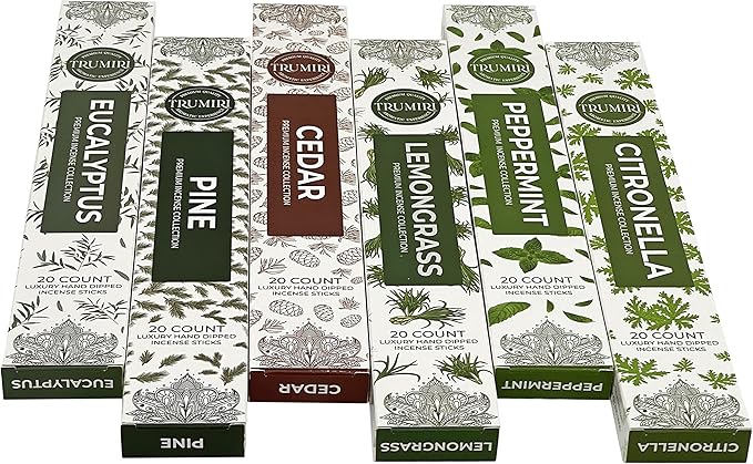Leafy Incense Sticks Variety Pack - 120 Insence-Sticks (6 Incents x 20 Insense) - Citronella Lemongrass Eucalyptus Peppermint Pine Cedar - Natural Inscents-Sticks Non Toxic Inciensos + Incense Holder - Bloomnest