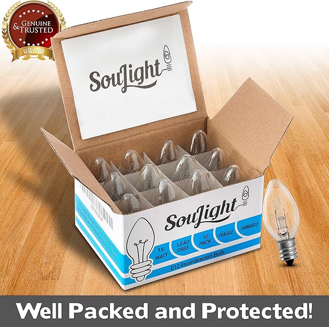 Salt Lamp Light Bulb - 15 Watt Replacement Bulbs for Himalayan Salt Lamps & Baskets, Chandeliers, Candle & Wax Warmers, Night Light Bulbs. E12 Socket, C7, Warm White – 12 Pack - Bloomnest