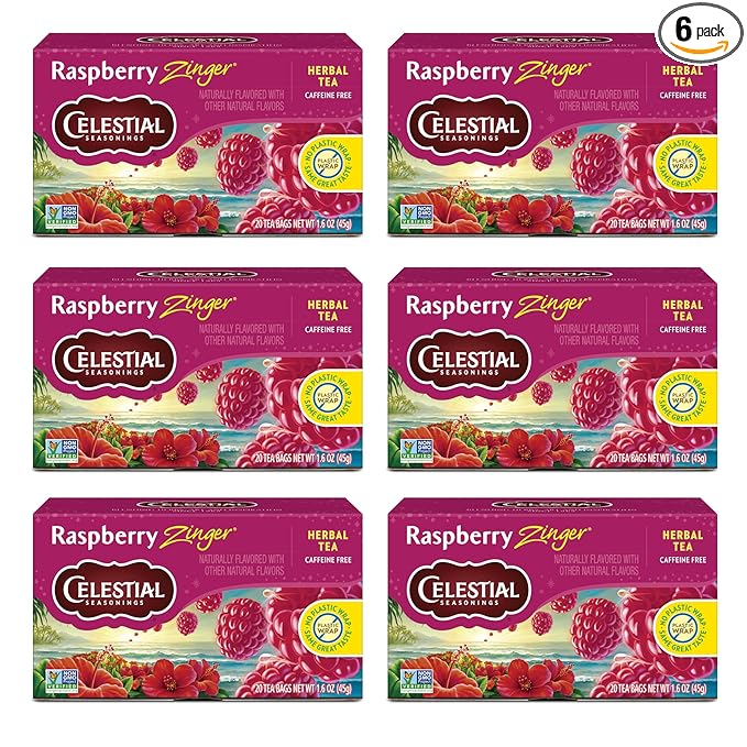 Celestial Seasonings Raspberry Zinger Herbal Tea, Caffeine Free, 20 Tea Bags Box, 6-Pack - Bloomnest