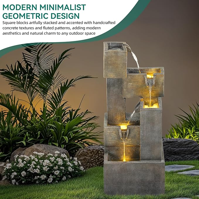 32.5" Modern Outdoor Water Fountain with LED Lights, 5-Tier Stacked Blocks Garden Fountain Cascading Waterfall Feature for Relaxing Garden, Patio, Backyard, Deck, Porch or Home Décor - Bloomnest