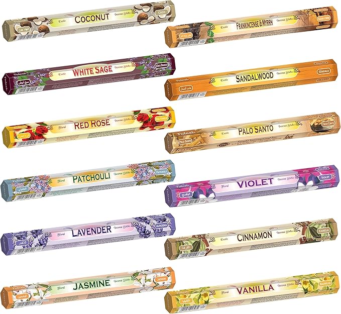 Tulasi Incense Sticks Pack of 12 Natural Scent (240 Sticks) Variety Fragrance of Coconut, White Sage, Red Rose, Palo Santo Lavender & Cinnamon etc, Ideal for Meditation & Positive Vibes Tulasi