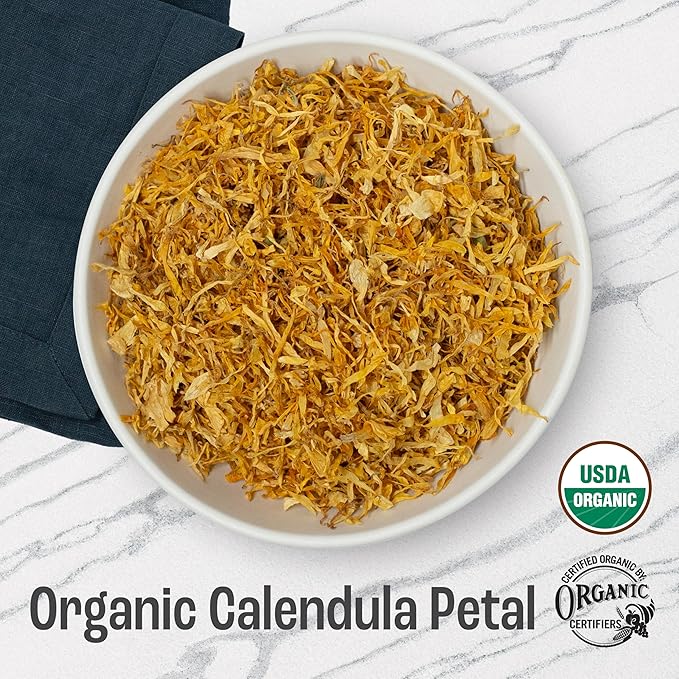 J Mac Botanicals, Organic Calendula Petals (4 oz) edible dried flowers, pairs well with rose petal for ice cubes, cooking, beverages, and bath bombs - Bloomnest