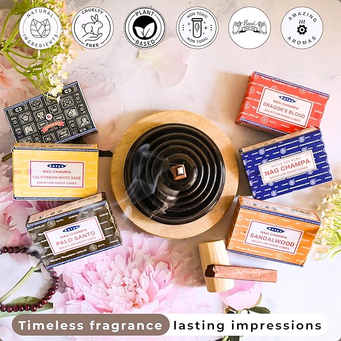 Nag Champa|Super Hit|Dragons Blood|Palo Santo|Sandalwood|Californian White Sage Variety Pack Backflow Incense Cones for Waterfall Aromatic Smoke Fountain Haze Falls and Mat Bundle - Pack of 6 TRUMIRI