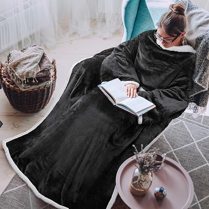Tirrinia Sherpa Wearable Blanket With Sleeves, Full Body Throw Reading Wrap TV Blankets - Bloomnest
