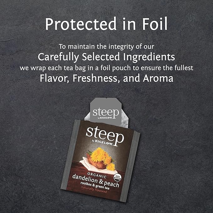 steep by Bigelow Organic Dandelion and Peach with Rooibos and Green Tea, Caffeinated, 20 Count (Pack of 6) 120 Total Tea Bags - Bloomnest