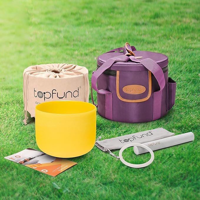 TOPFUND Yellow E Note Crystal Singing Bowl Solar Plexus Chakra 10 inch with Heavy Duty Carrying Case and Suede Mallet