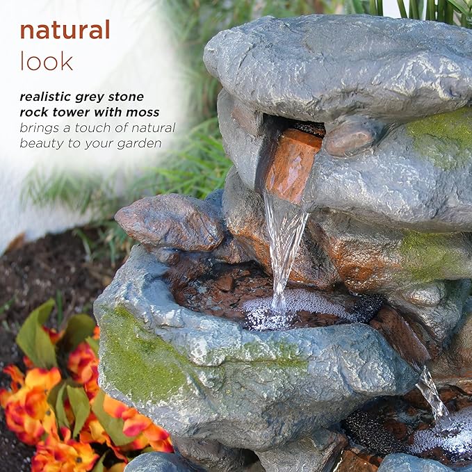 Alpine Corporation | 22"H Outdoor 3-Tier Rock Waterfall Fountain with LED Lights — Natural Stone Look for Garden, Patio, Yard & Porch Décor (Gray) - Bloomnest