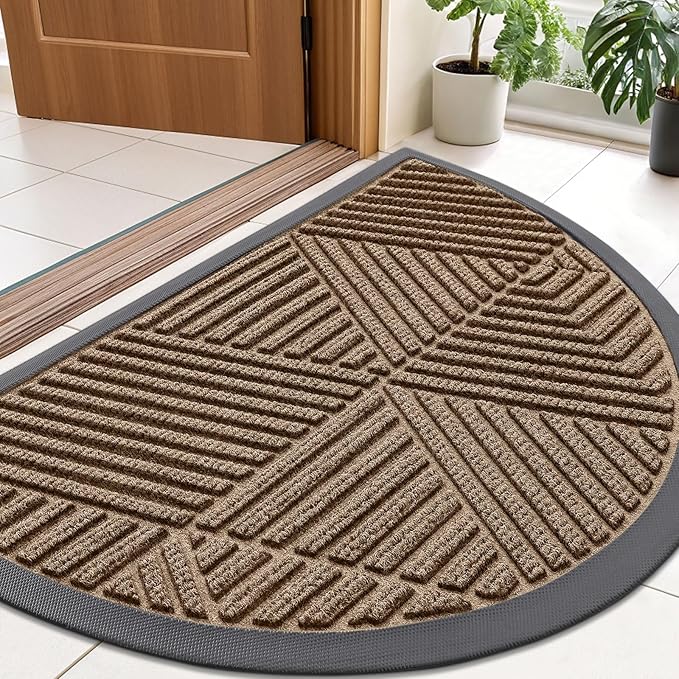 Smiry Half Circle Front Door Mat Outside Entrance, Heavy Duty Sturdy Natural Rubber Doormat, Trap Dirt and Moisture, Low Profile Mats for Indoor Outdoor Entry, Irregular Triangle (36x24, Brown) - Bloomnest