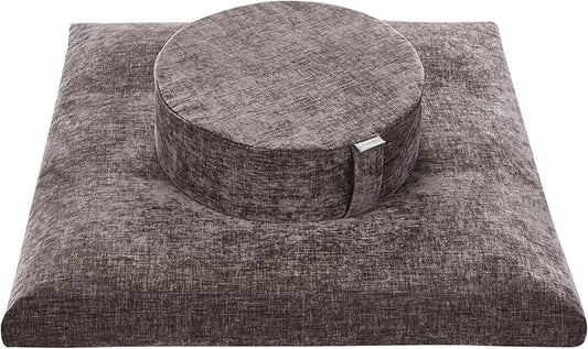 Meditation Zafu Cushion Set with Buckwheat Hulls & Memory Foam - Ergonomic Support for Yoga & Sitting - Removable Machine-Washable Luxury Velvet Cover - for Adults and Kids (Cl03-Brown)
