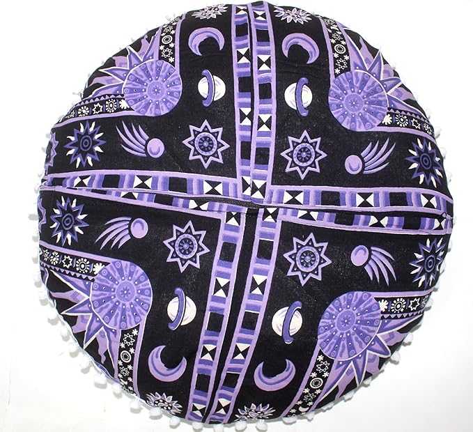 CRAFT KALA 22" Bohemian Floor Pillow Pouf Cover Mandala Boho Large Round Meditation Room Pillow Covers for Adults Seating Poufs Cushion Cover for Kids Playroom Purple Burning Sun - Bloomnest