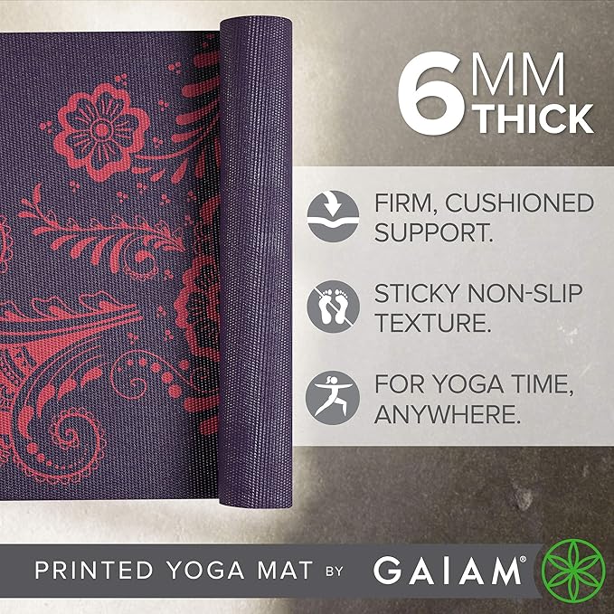 Gaiam Yoga Mat - Premium 6mm Print Extra Thick Non Slip Exercise & Fitness Mat for All Types of Yoga, Pilates & Floor Workouts (68"L x 24"W x 6mm Thick) - Bloomnest