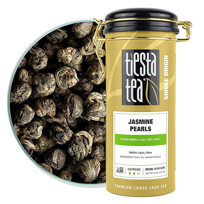 Tiesta Tea - Jasmine Pearls Green Tea, Loose Leaf, Single Origin Premium Jasmine from China, Medium Caffeinated, Makes Hot or Iced & Up to 50 Cups, 100% Pure Unblended, 5oz Refillable Tin - Bloomnest