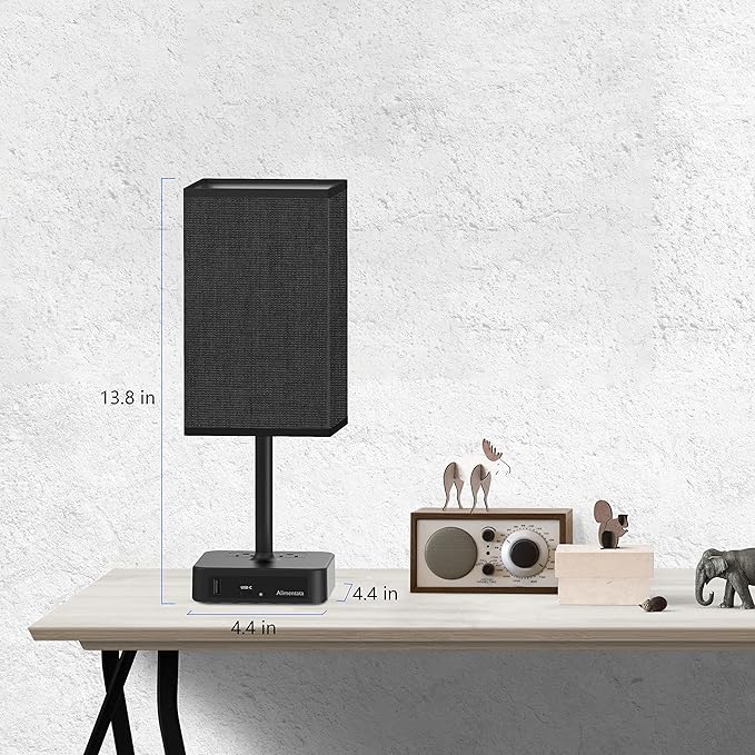 Bedside Table Lamp with Touch Control & USB C+A Charging Ports LED Desk Lamp with 2 AC Outlets, Minimalist Nightstand Light with Black Fabric Shade for Bedroom, Living Room, Office, Black - Bloomnest
