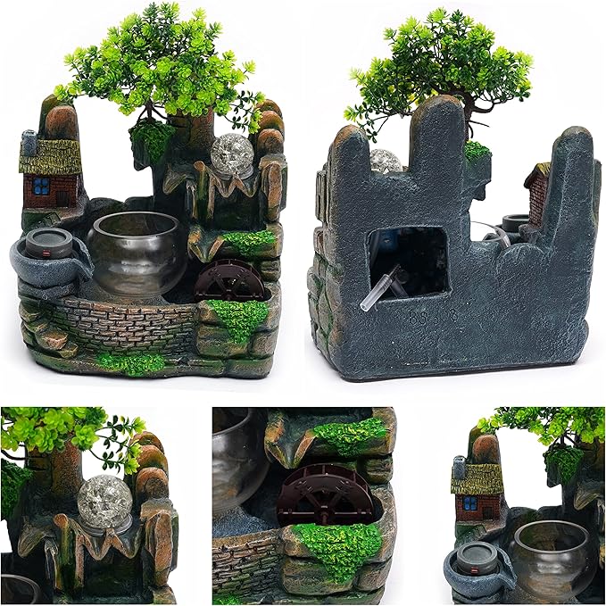 Tabletop Waterfall Fountain Humidifier with LED Light and Atomizer, Water Fountains Indoor Home Decor or est Festival Birthday Surprise for Boys, 14 Inch Desktop Small Mini Bonsai - Bloomnest