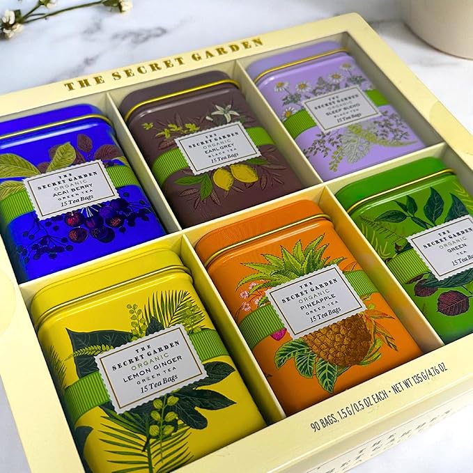 Organic Tea Sampler Gift Set 90 Bags in 6 Designer Tins Premium Assorted Flavors: Acai Berry, Earl Grey, Sleep Herbal, Lemon Ginger, Pineapple, Green Tea - Bloomnest