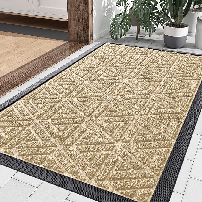 Smiry Front Door Mat Outside Entrance, Heavy Duty Sturdy Natural Rubber Doormat, Trap Dirt and Moisture, Easy Clean Low Profile Mats for Indoor Outdoor Entry, Grid Geometric (29.5x17, Beige) - Bloomnest