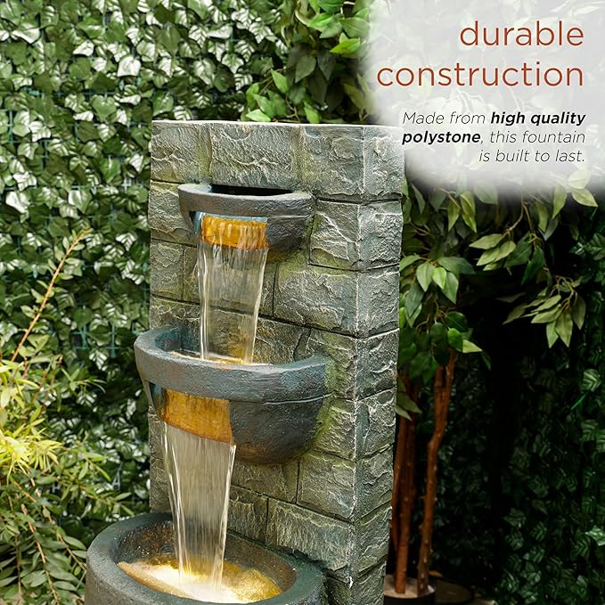 Alpine Corporation TZL384 Outdoor 3 Tier Water Fountain with LED Lights for Garden, Patio, Lawn and Yard Spaces, 51" H, Gray - Bloomnest