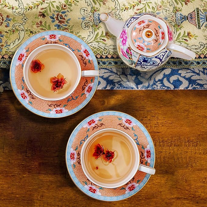 ACMLIFE Tea for One Teapot and Cup, Vintage Floral Porcelain Tea Set for One, Bone China Teapot with Cup Set, Tea Pot Gift for Women (Blue-C) - Bloomnest