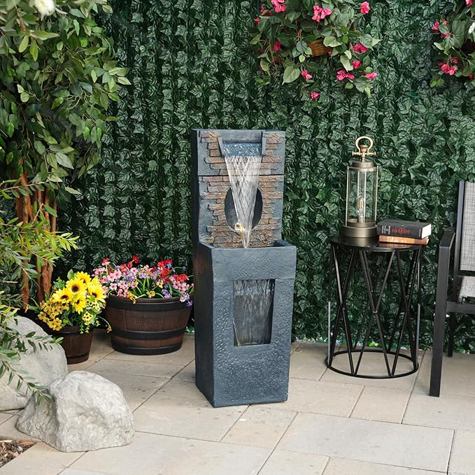 Alpine Corporation TZL398 40" Stone Wall Cascading Fountain with LED Lights, Elegant Outdoor Water Feature for Garden, Patio, Backyard & Home Decor, Relaxing Waterfall Fountain, Gray - Bloomnest